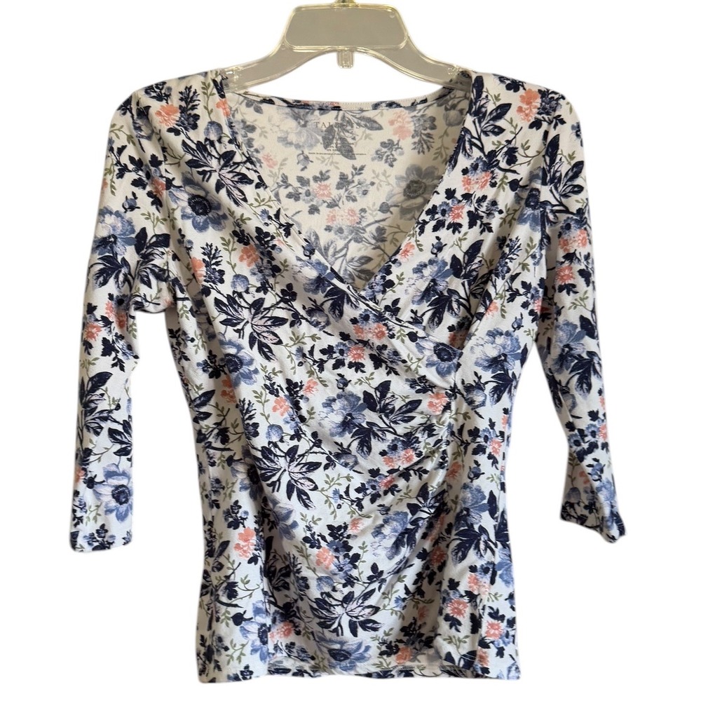 Talbots Petite Blue Coral Floral Faux Wrap Ruched Top SP 3/4 Sleeve Cotton Modal